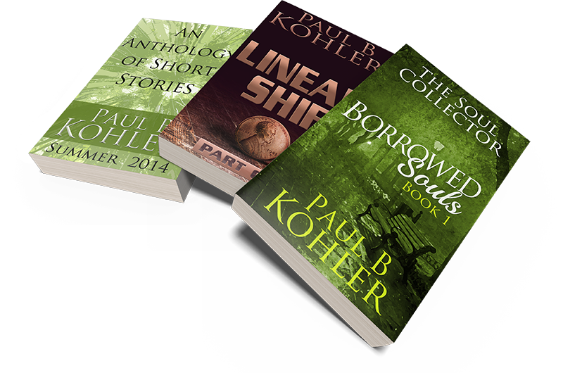 three of paul kohler's publications including and anthology of short stories, linear shift, and the borrow souls